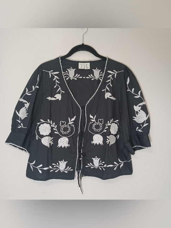 Joie Tops - Joie Black Peasant Blouse with White Floral Embroidery